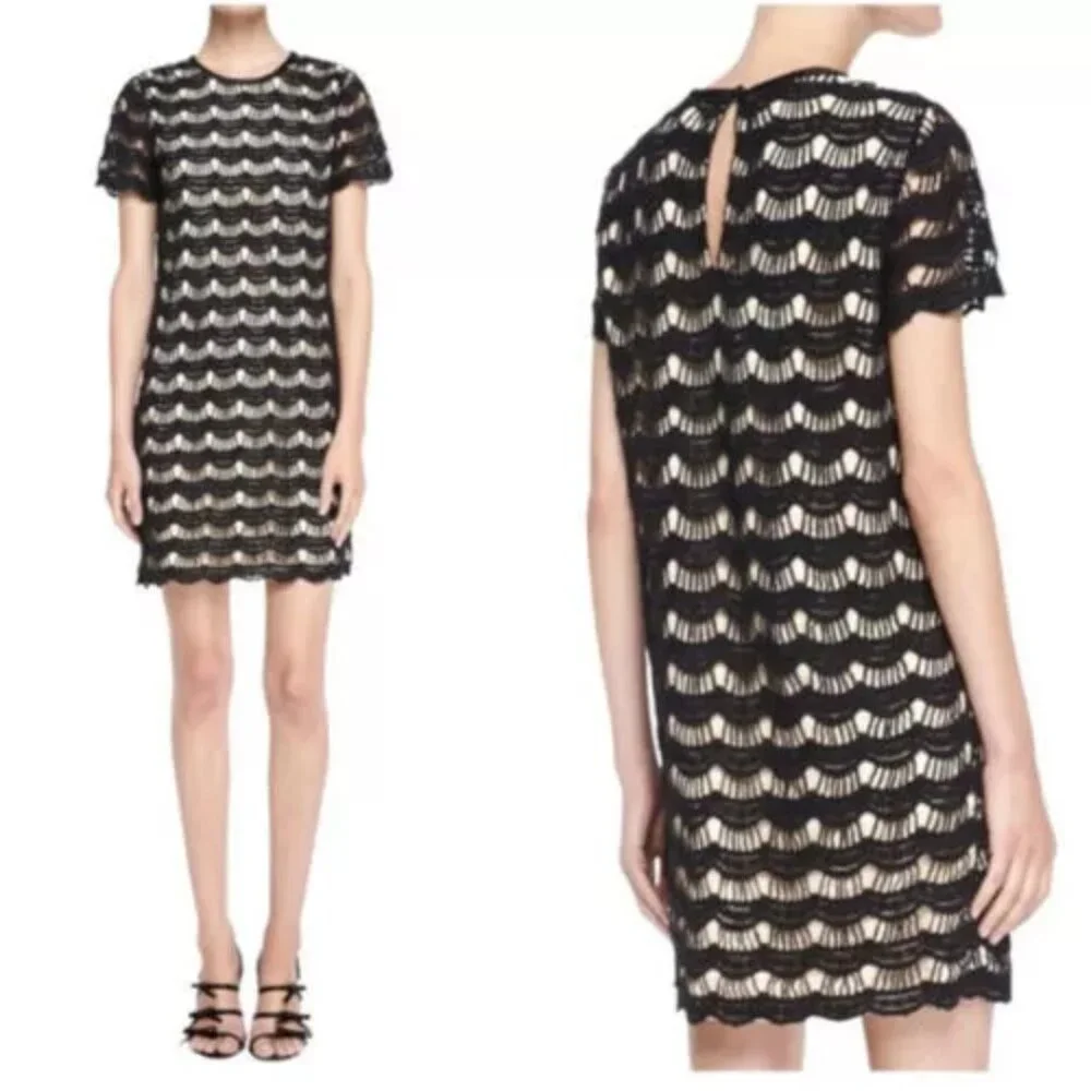 Kate Spade Women's 2 Dress Virginia Black Scalloped Lace Shift Short Sleeve EUC